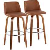 Toriano 30" Swivel Bar Stool in Walnut Wood & Camel Leatherette with Chrome Footrest (Set of 2)
